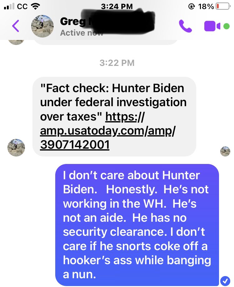 IamButterflySue's tweet photo. My dad is still so concerned with Hunter Biden.  All he does is send me articles.  Here’s what I said to him today.  Lol. https://t.co/dTLMq21zq0