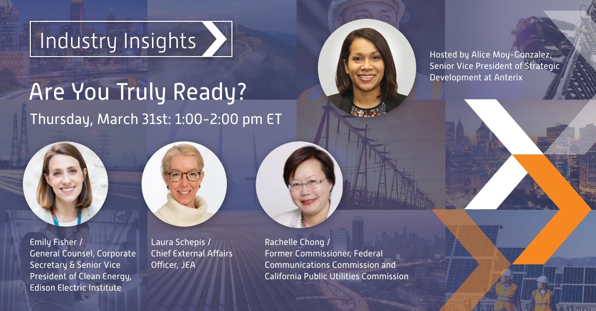 Sign up for Thursday's webinar by <a href="/Anterix_Inc/">Anterix</a> : "Industry Insights - Are You Truly Ready?" Speakers include former FCC &amp; California commissioner @rachellechong Emily Fisher <a href="/Edison_Electric/">EEI</a> and <a href="/lauramschepis/">Laura Schepis</a> with <a href="/NewsfromJEA/">JEA</a> Learn more here: ow.ly/cIwz50ItYbw