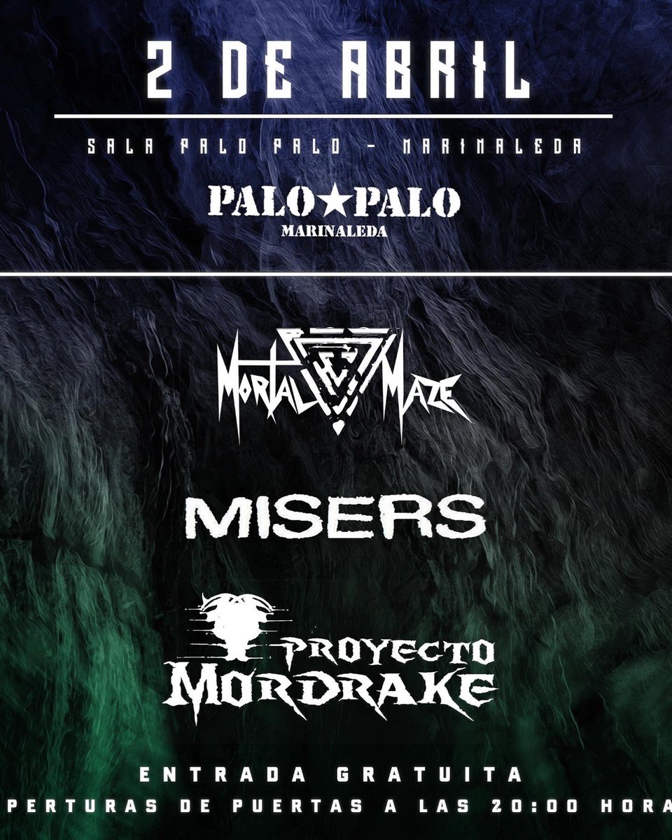 Los conciertos del finde de semana que viene 
Viernes 1Abril; Alkayata + Loncha Velasco + En Busca y Captura 
Entrada Inversa
Sabado 2 Abril ; Misers + Proyecto Mordrake + Mortal Maze
Entrada de Balde
Salud y Libertad 😘✊🤘
