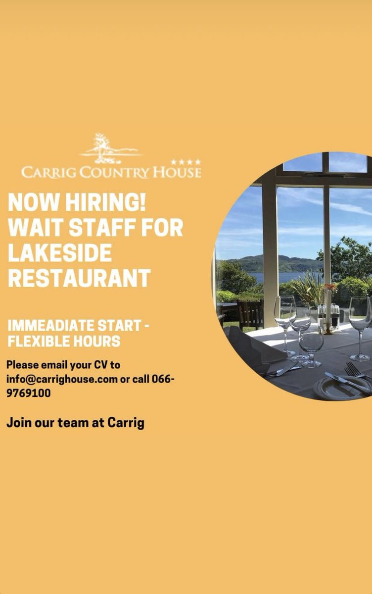 The #jobfairy has landed in Carrig 🧚‍♀️
We welcome applications for wait staff for our Lakeside Restaurant. Flexible hours available. Email info@carrighouse.com or call 066-9769100 #bluebookproperty