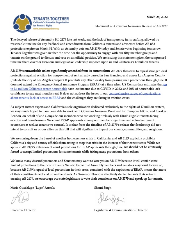 Please read and share widely our emergency statement on #AB2179, which goes to the Assembly floor today.

cc: <a href="/CAgovernor/">Governor Gavin Newsom</a> <a href="/GavinNewsom/">Gavin Newsom</a> <a href="/SenToniAtkins/">Senate President pro Tempore Emeritus Toni Atkins</a> @Rendon63rd