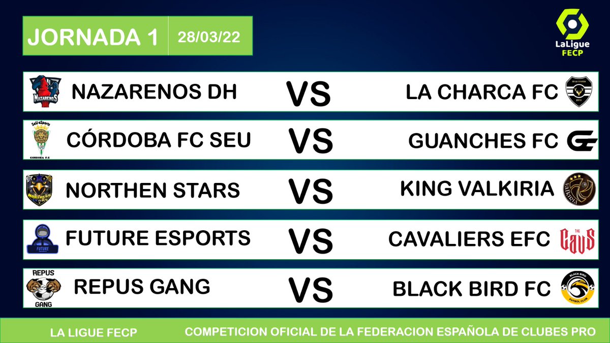 🗞️PREVIA LALIGUE
Hoy comienza otra liga más de la FECP
Mucha expectación y ver el nivel de <a href="/FC_BlackBird/">BlackBird FC</a> @CavsFIFA @Future__eSports <a href="/cdlacharcapro/">LaCharcaFC</a> <a href="/DhNazarenos/">APOK Nazarenos</a> <a href="/Northenstars1/">Northern Stars</a> <a href="/repusgang/">REPUS GANG</a>