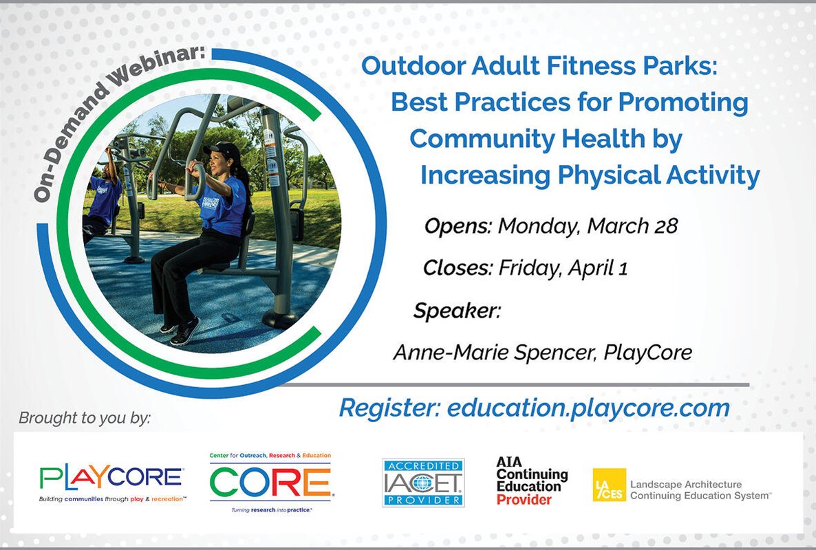 Join us for an On-Demand webinar on Outdoor Adult Fitness Parks: Best Practices for Promoting Community Health by Increasing Physical Activity. Earn free CEUs by learning how these parks promote community health!

Use the link with code "PARK" to register!
tinyurl.com/OutdoorFitness…