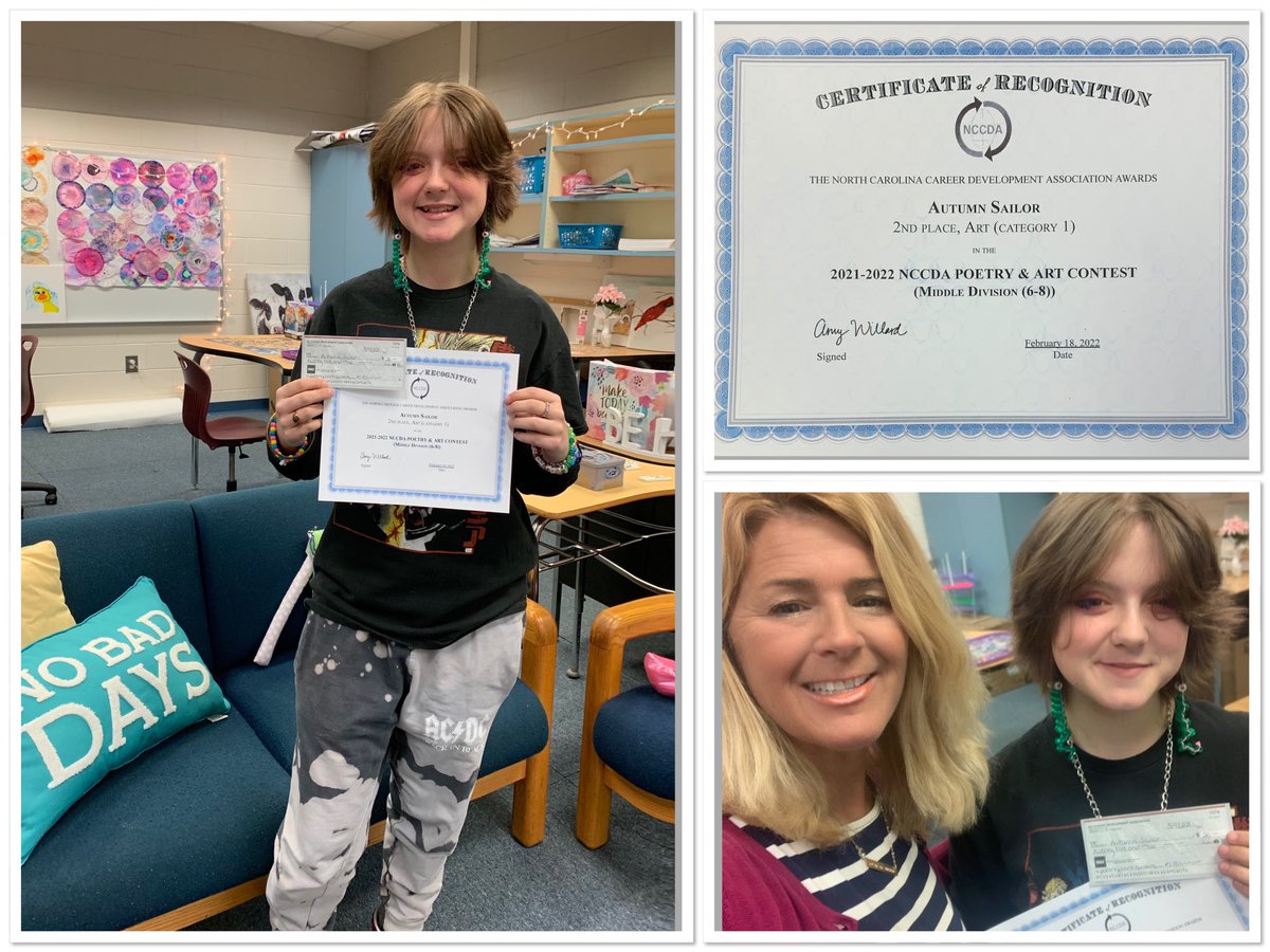 ashley_basnight's tweet photo. One of my favorite students of all time! Autumn (Axil) Sailor won the 2nd place award in the NC Career Development Association, Poetry & Art Contest. Up next… National competition! Congratulations, Axil! We are so proud to have you represent FFMS! #ffmscte #ctefornc #NCCDA https://t.co/KZxK8v4Won