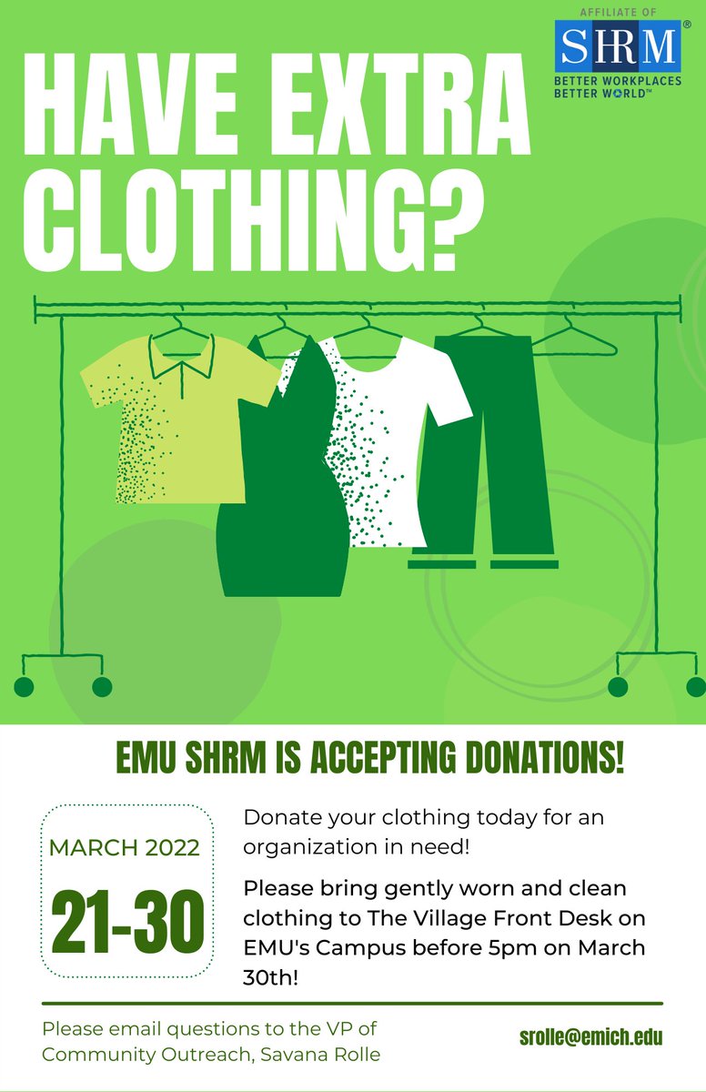EMUSHRM's tweet photo. THIS WEEK: EMU SHRM is collecting clothing donations until Wednesday, March 30th at 5pm. Please bring gently worn and clean clothing to The Village Front Desk on EMU's Campus! See the flyer for more details. https://t.co/b47Vz5p16q