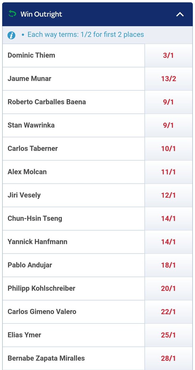 SchoolerSport's tweet photo. Sky Bet have gone up with prices for this week's stacked Marbella Challenger.

Asking a lot for Thiem to win after 9 months out.

Perhaps Andujar at 18s is the value. Has won here before... https://t.co/cjujqHHA9m