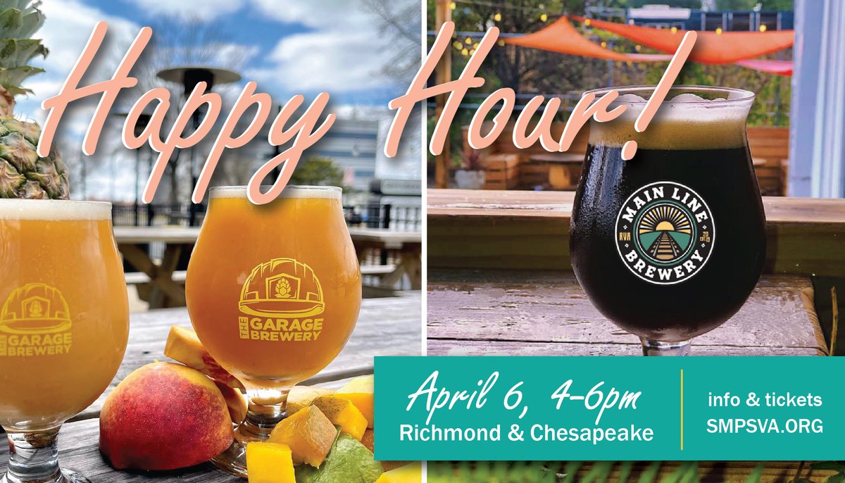We're hosting TWO Spring happy hours next week! Join us April 6th at The Garage Brewery in Chesapeake or Main Line Brewery in Richmond from 4-6pm. We'll have tables and your admission includes two drinks. More info at smpsva.org/index.php