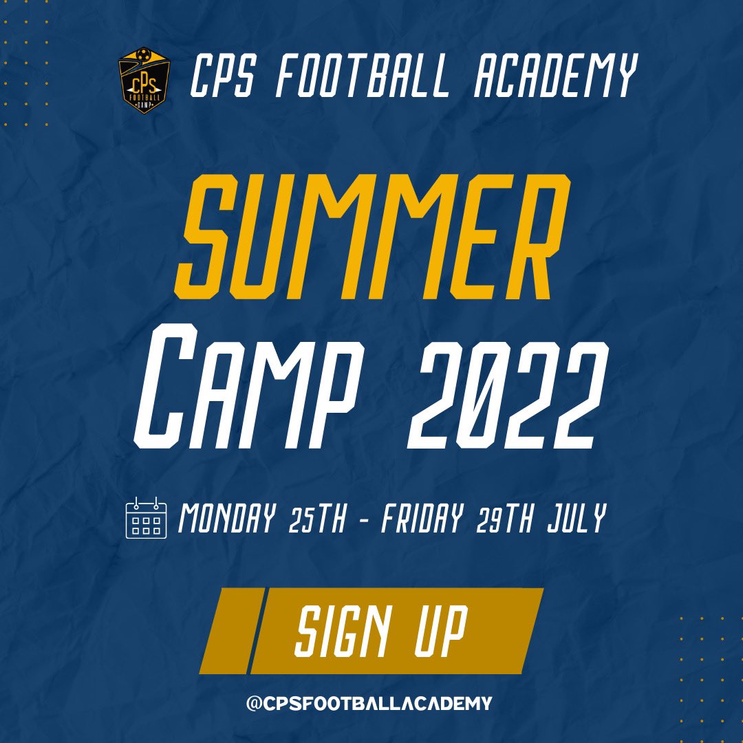 CPS SUMMER CAMP 2022!⚽️

Tickets are now available for our 2022 Summer Camp! We are back, bigger and better this year and we have a fantastic week planned for you! 

Don't miss out, there are limited tickets!

Early registration discount is also available now!🙌

#summercamp