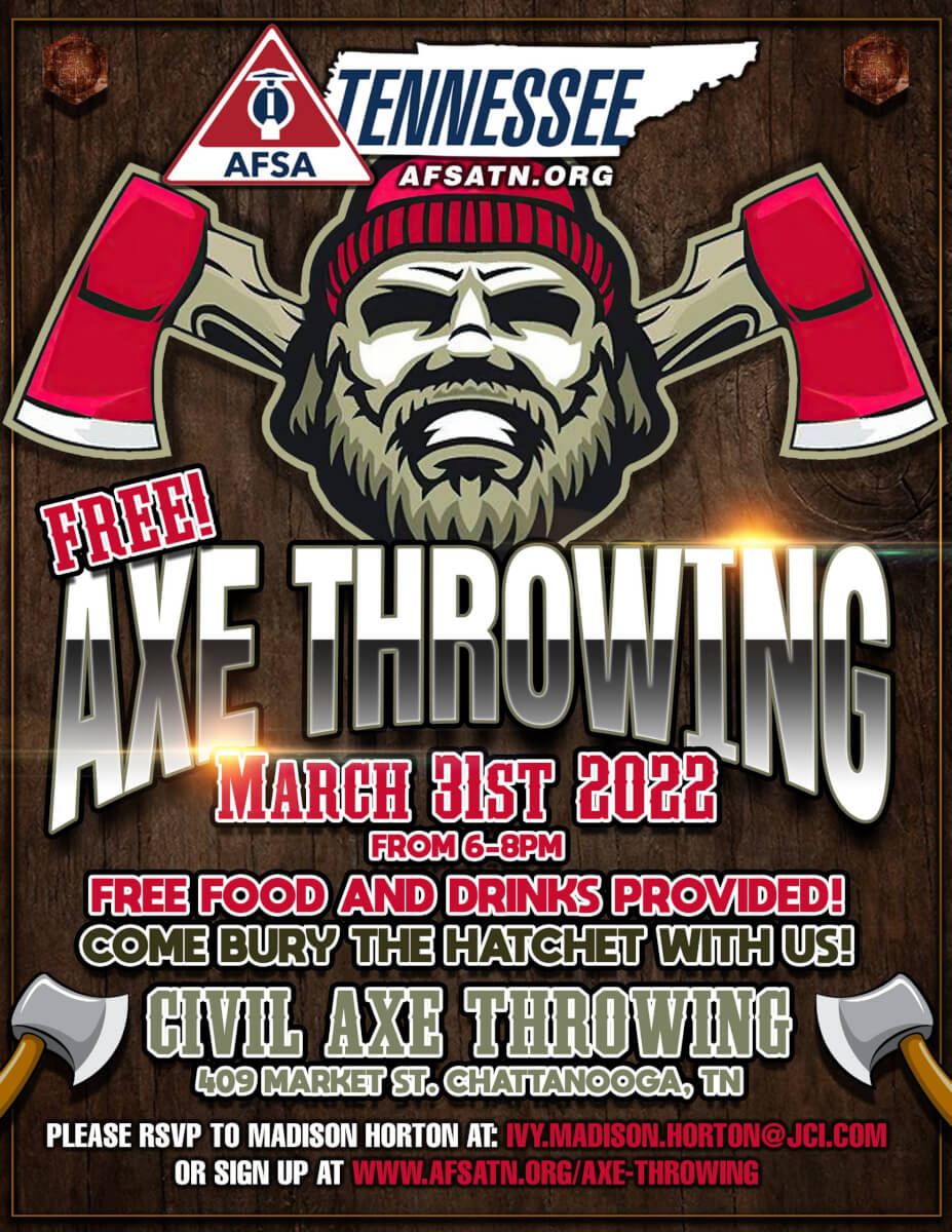 AFSA's tweet photo. The American Fire Sprinkler Association Tennessee Chapter is hosting an Axe Throwing event on March 31! Register to attend by visiting: https://t.co/ITEhj8Q2Ls
#AFSAChapters https://t.co/0CkA9Vcq03