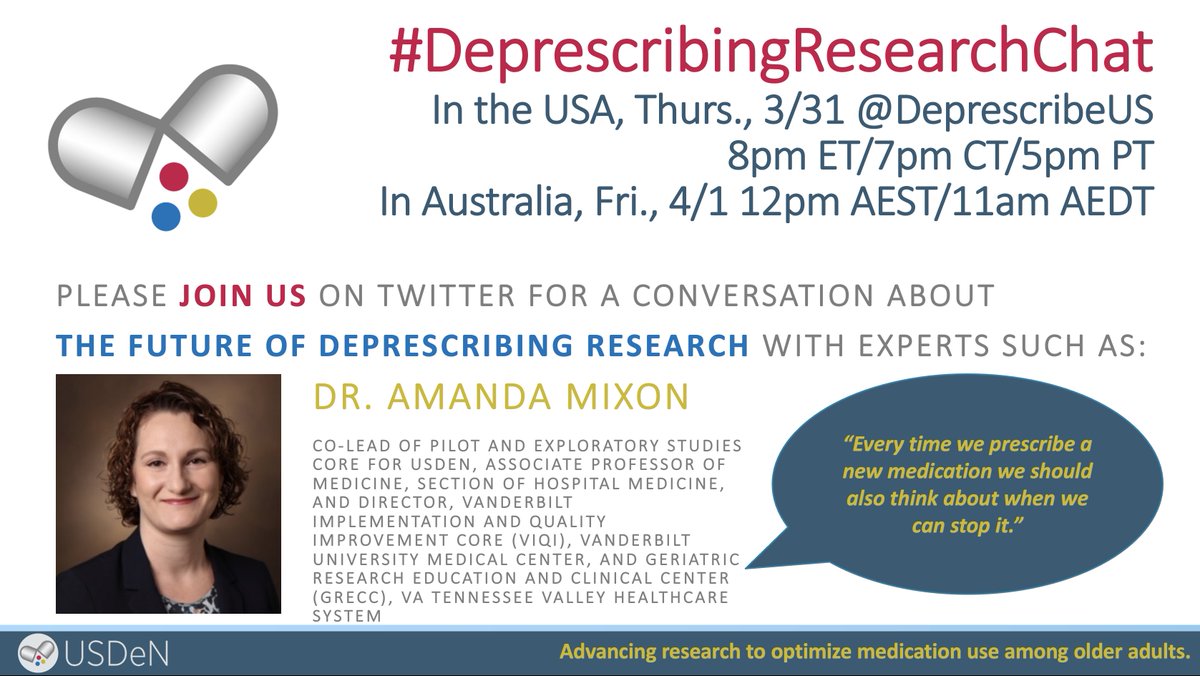 #DeprescribingResearchChat 'Every time we prescribe a new #Medication we should also think about when we can stop it.' Insight from @mixovida, Co-Lead of Pilot and Exploratory Studies Core for #USDeN. Join us at our #TwitterChat to hear her drop more #Deprescribing wisdom.⬇️