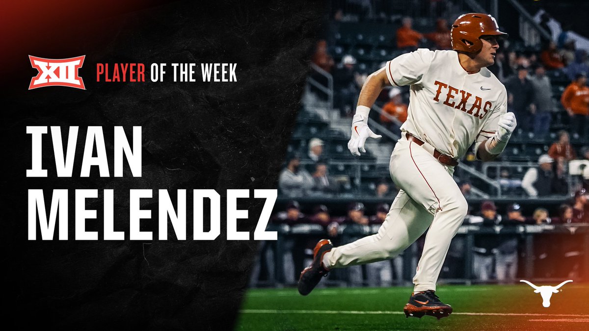 Big12Conference's tweet photo. 𝐈𝐯𝐚𝐧 𝐌𝐞𝐥𝐞𝐧𝐝𝐞𝐳, @TexasBaseball
#Big12BSB Player of the Week

⚾️ Melendez had a streak where he reached base in 13 consecutive plate appearances, and ended the week with a .625 batting average, 2.152 OPS and four home runs. 

📰 https://t.co/WD9Gzbl9Xo https://t.co/OYF5NJ2Cup