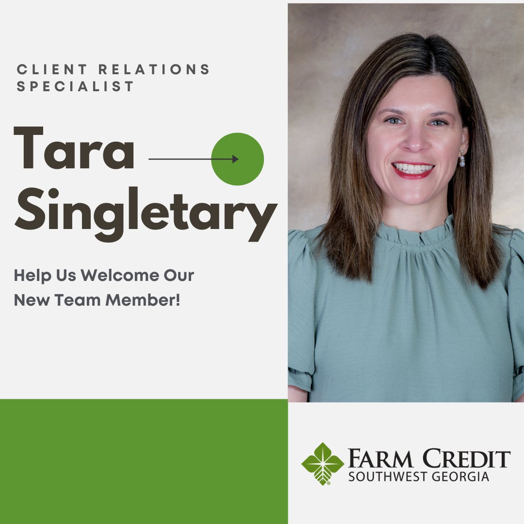 SWGAFarmCredit's tweet photo. Help us welcome our newest employee, Tara Singletary! Tara joins our Association as a Client Relations Specialist in our Bainbridge branch office!
#togetherwegrow #swgafarmcredit https://t.co/JPIBV7dHCc