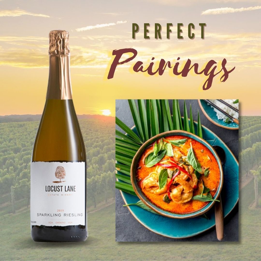 Looking for an exciting wine to add to your repertoire? Our 2019 Sparkling Riesling is perfect! Its lively, crisp palate has hints of lime, nectarine &amp; subtle minerality. It pairs perfectly with spicy Thai dishes and sweet fish. 🍇🌳🥘

#LocustLane #Wine #PerfectPairings