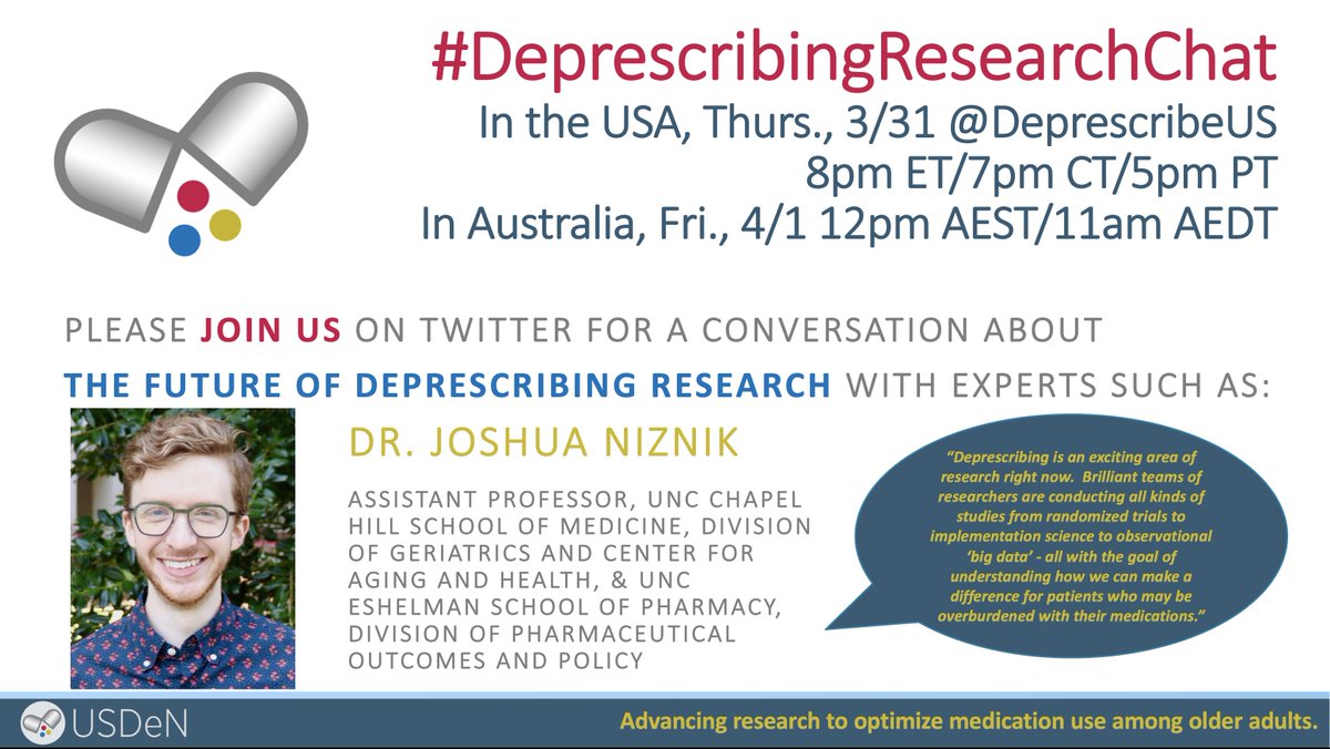 #Deprescribing is an exciting area of #Research right now. Brilliant teams of researchers are conducting all kinds of studies from randomized trials to implementation science to observational big data--all with the goal of understanding how we can make a difference. @josh_niznik