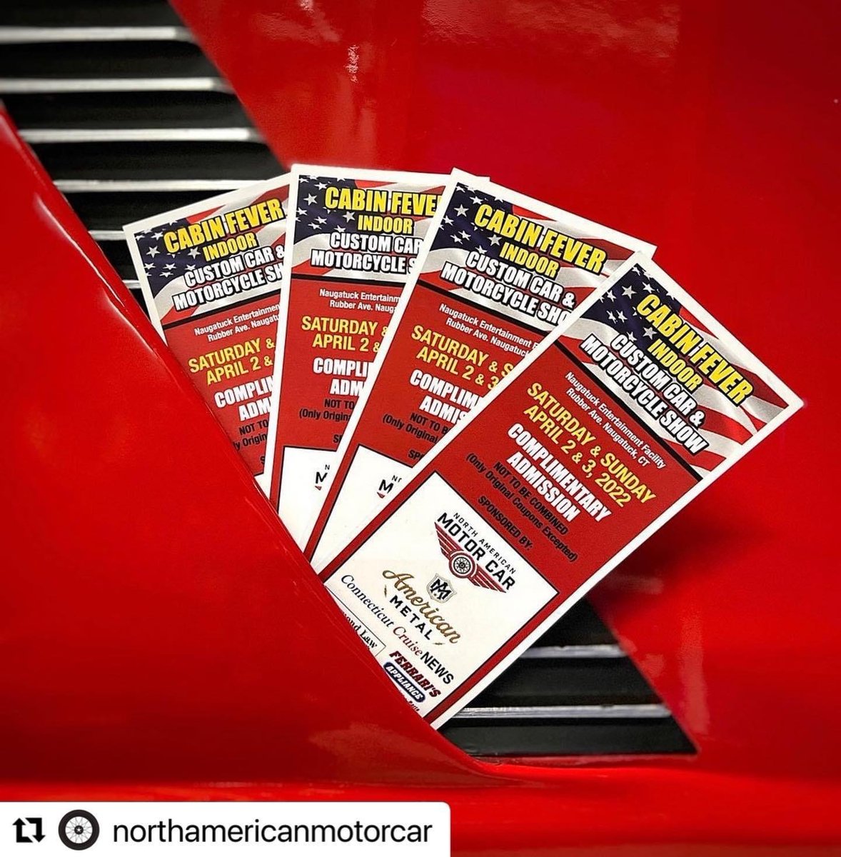 briansteez's tweet photo. Hey friends! North American Motor Car and American Metal Customs will be at the Cabin Fever Car Show in Naugatuck, CT on April 2-3. I’ve got a bunch of FREE tickets so please shoot me a DM if you or your family would like to come to the event! @NAMotorCar @metalisamindset https://t.co/5k8fLd7F2b