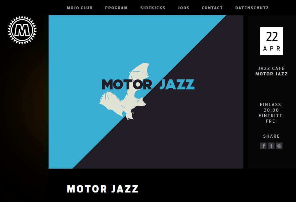 Coming up: Next #MotorJazz night at the <a href="/mojo_club/">mojo club</a> Jazz Café in #Hamburg on the 22nd of April 9pm - doors from 8pm - free entry. #Downbeat #Electronica #FutureJazz #electronicmusic #electronic #club #music and all that #Jazz.

mojo.de/program/termin…