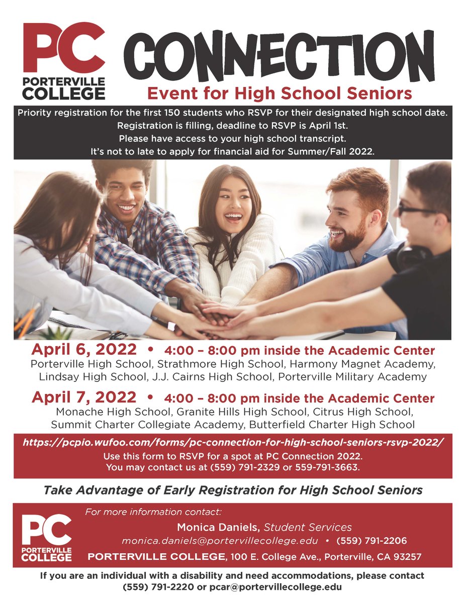 Porterville College (@pcollegepirates) on Twitter photo Attention High School Students! Priority registration is available for the first 150 students who RSVP for their designated high school date. Registration is filling, deadline to RSVP is April 1st. See flyer for times. HURRY, spots are going quickly! <a href="/PortervilleUSD/">Porterville Unified</a> <a href="/PathwaysPUSD/">Porterville Pathways</a> Attention High School Students! Priority registration is available for the first 150 students who RSVP for their designated high school date. Registration is filling, deadline to RSVP is April 1st. See flyer for times. HURRY, spots are going quickly! <a href="/PortervilleUSD/">Porterville Unified</a> <a href="/PathwaysPUSD/">Porterville Pathways</a>