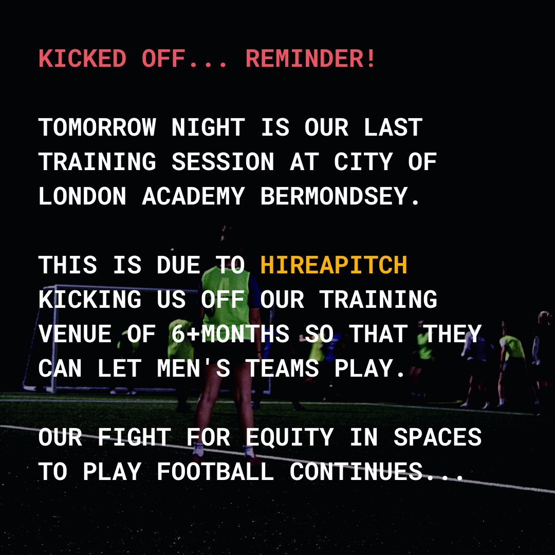 Since 2016 we have put so much effort and energy into running a grassroots club for women and non-binary players to play the game we all love, for it all to come crashing down at the hands of a ruthless corporate provider @hireapitch 

🧵