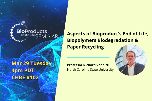 UBCBioProducts's tweet photo. Join us tomorrow at 4pm PDT #inperson for the Aspects of Bioproduct’s End of Life,  Biopolymers Biodegradation and Paper Recycling seminar by guest speaker Dr. Venditti! Event details available here: https://t.co/iIIIy6d5IU https://t.co/nAfCWsmAoA