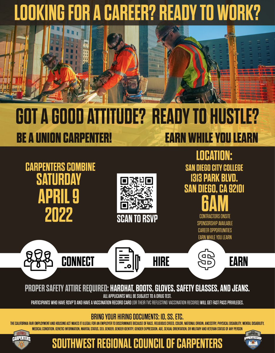 csallen619's tweet photo. This is what a partnership with the @SouthwestCarps looks like.  Connecting prospective new Carpenters with our contractors.
Want to be a #UnionCarpenter? It’s a great opportunity for you to showcase your skills and possibly get hired on. #recruitment #jobswagesbenefits #sandiego https://t.co/79rPWnJcN8