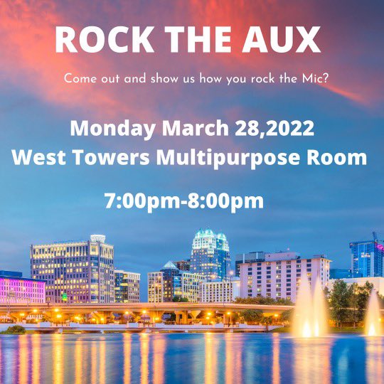 Come out and kick off the start of Florida Club Week with us🏝🧡 Starting with an Aux War. Who will rock the aux?🎸 Find out tonight at 7 PM in West Towers MPR! Hope to see you there! #FloridaClubWeek #RockTheAux