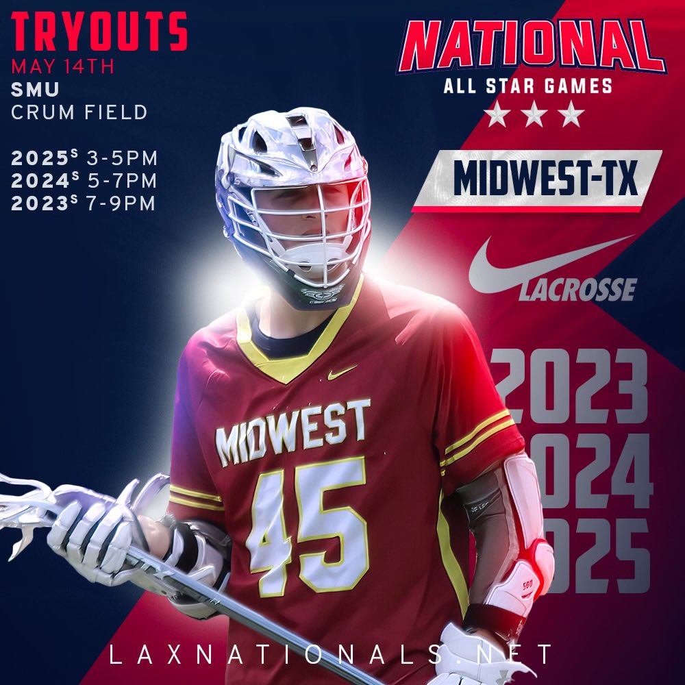 Register for <a href="/NationalASG/">National All-Star Games</a> TX Tryouts! 
📍 SMU Crum Field
🗓 May 14 2022
🥍  2023s 2024s 2025s 
The best players in the Region! laxnationals.net/2022-regional-…
