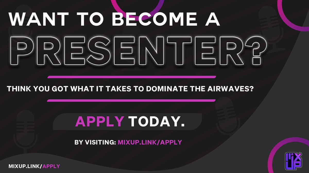 @MixUp_FM are looking for new talent to join our team of presenters! We're getting ready to for V3 to go live!

We currently have the following slots available:
M-F 5pm till 7pm
M-Th 9pm till 10pm
Various Sat&amp;Sun slots

DM us!

#joinus #radiodj #OnlineRadioStation #onlineradio