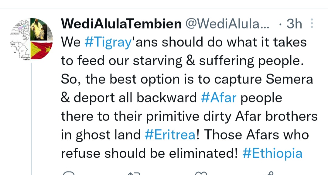 lahadda88's tweet photo. Look at genocidal idea from blind tplf supporter Rather than calling on tplf terrorist invaders to withdrew from Afar with out any precondition so as their aid pass through.unless z result will be more horrific &amp; unexpectedly bad result coming for z whole tigray. @WediAlulaTemben https://t.co/qhqMzpqB0Z