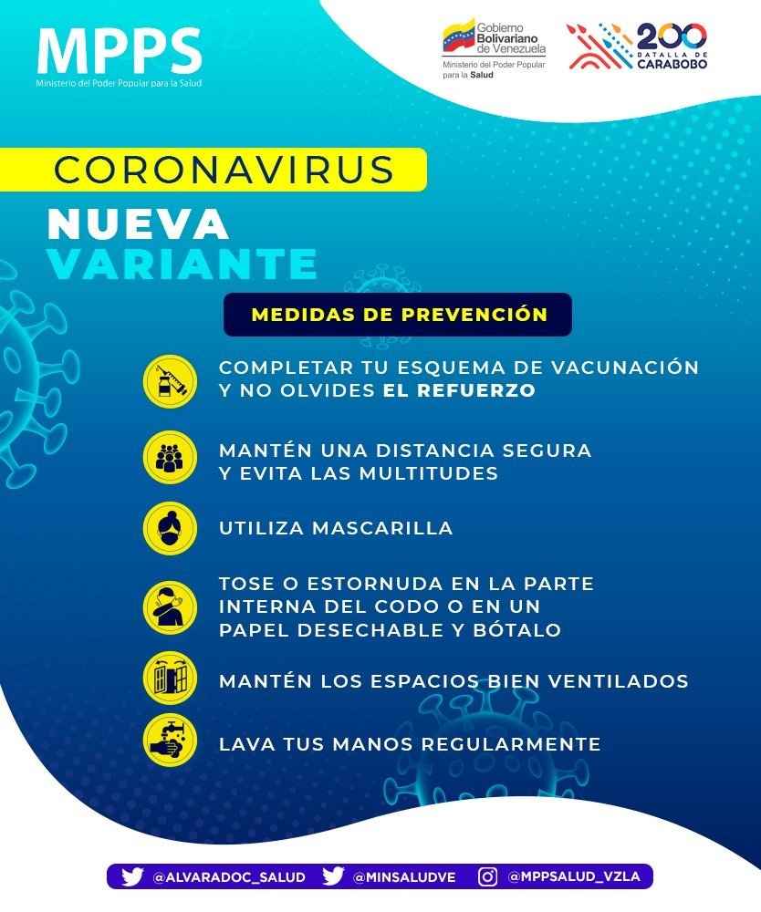 mippci_ven's tweet photo. 🗣️𝐓𝐎𝐌𝐀 𝐏𝐑𝐄𝐂𝐀𝐔𝐂𝐈𝐎́𝐍✍️🇻🇪
Debido al impacto sobre la salud de las variantes del Sars-CoV-2 y a su letalidad debemos acatar las recomendaciones sanitarias como:
Usar el tapaboca
Lavarnos con frecuencia las manos
Mantener el distanciamiento social https://t.co/WCMmdgi2q9