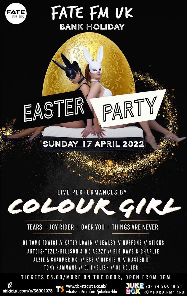 Looking for an EASTER PARTY check our this one at JukeBox LDN #ROMFORD on Sun 17th Apr 2022 
#LIVEPA from COLOUR GIRL #Tickets £5 online at
skdl.co/fJV97SRTdnb Also
ticketsource.co.uk/whats-on/romfo…