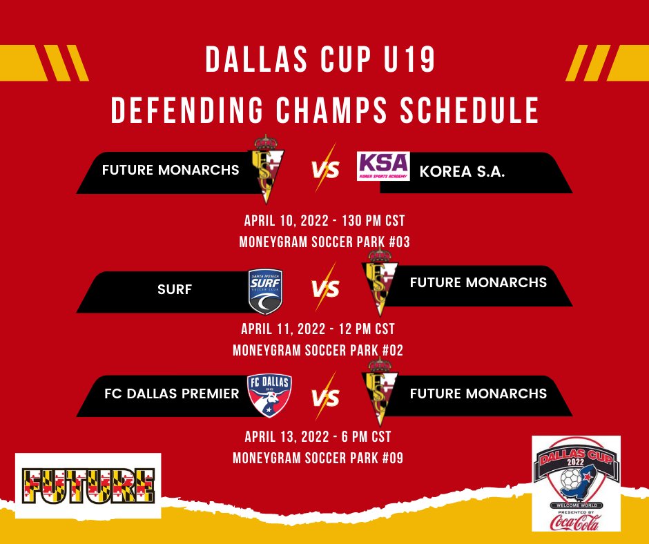 Schedules are out!!!
#DMVHighLights #DallasCup #FutureSoccerClub #FutureMonarchs