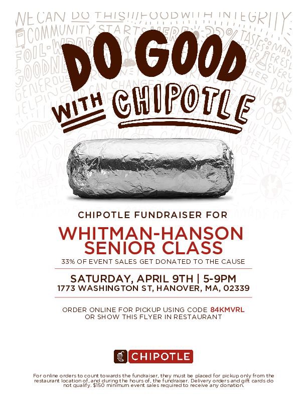 We’re hosting a Chipotle night on Sat. April 9th from 5-9pm at the Hanover Chipotle.🌯 Please come out to support and show this flyer when purchasing your meal, we get 33% of the sales! This will help fundraise for end of the year events, so get your family &amp; friends to go too!!