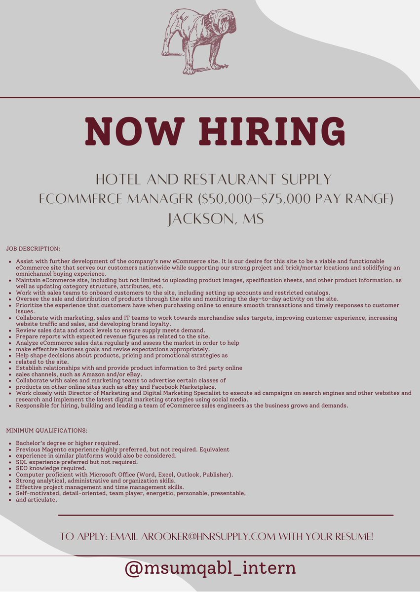 ANOTHER FABULOUS OPPORTUNITY FOR A GRADUATE!

HOTEL AND RESTAURANT SUPPLY IS LOOKING FOR AN eCommerce Manager in JACKSON, MS! 

DETAILS TO APPLY BELOW!