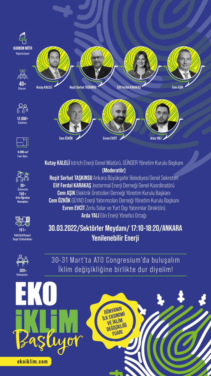eko_iklim's tweet photo. Sn. @kutaykaleli, Sn. Reşit Serhat TAŞKINSU, Sn. Elif Ferdal KARAKAŞ, Sn. Cem AŞIK, Sn. Cem ÖZKÖK katılımlarıyla Yenilenebilir Enerji Oturumu 30 Mart'ta ATO Congresium #EkoİklimZirvesi'nde!♻️ https://t.co/UY4CI4fHsA