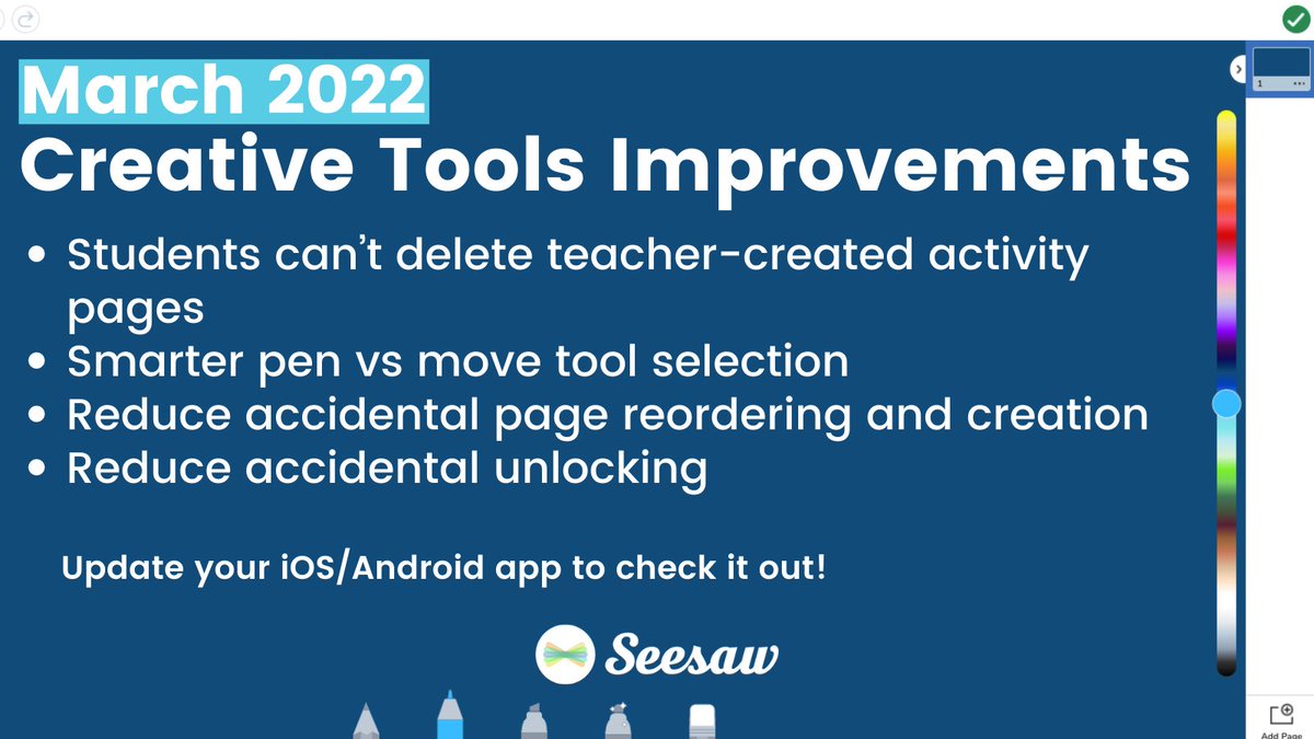 🎨 Exciting Seesaw Updates!🎨 

💙 Students can’t delete teacher-created activity pages
💙 Smarter pen vs move tool selection
💙 Reduce accidental page reordering and creation 
💙 Reduce accidental unlocking 

➡️ Learn more here: bit.ly/3IMaNHq