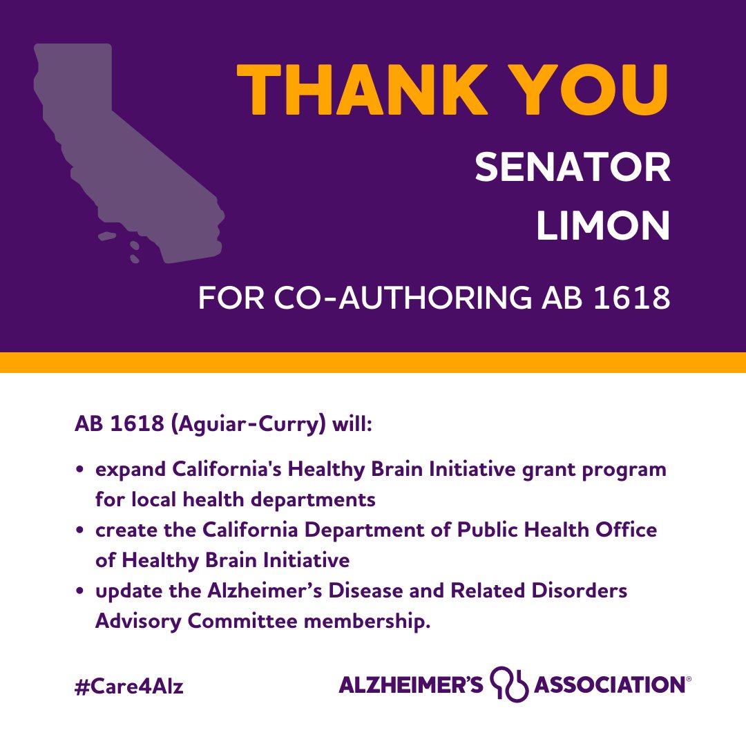 californiaalz's tweet photo. Thank you @MoniqueLimonCA for your support as a co-author of #AB1618 (@AsmAguiarCurry) to increase public awareness about brain health so Californians can take steps to reduce their risk of cognitive impairment. #Care4Alz @AlzCaCentral https://t.co/XpBUvT1soX