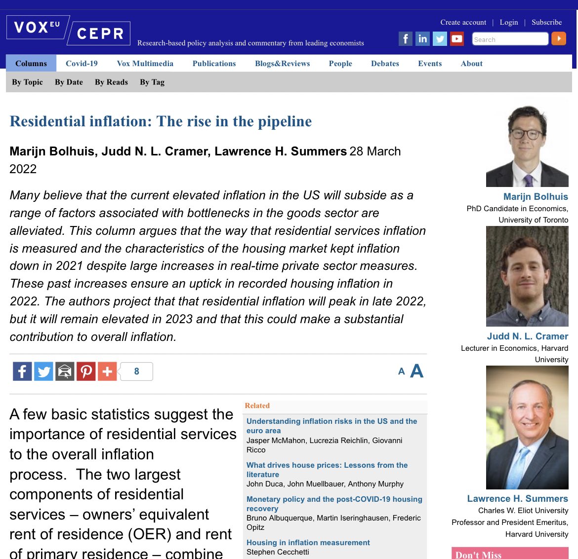 “past increases ensure an uptick in recorded housing inflation in 2022. residential inflation will peak in late 2022, but it will remain elevated in 2023 and that this could make a substantial contribution to overall inflatio
•
<a href="/LHSummers/">Lawrence H. Summers</a> <a href="/voxeu/">VoxEU</a> 
voxeu.org/article/reside…