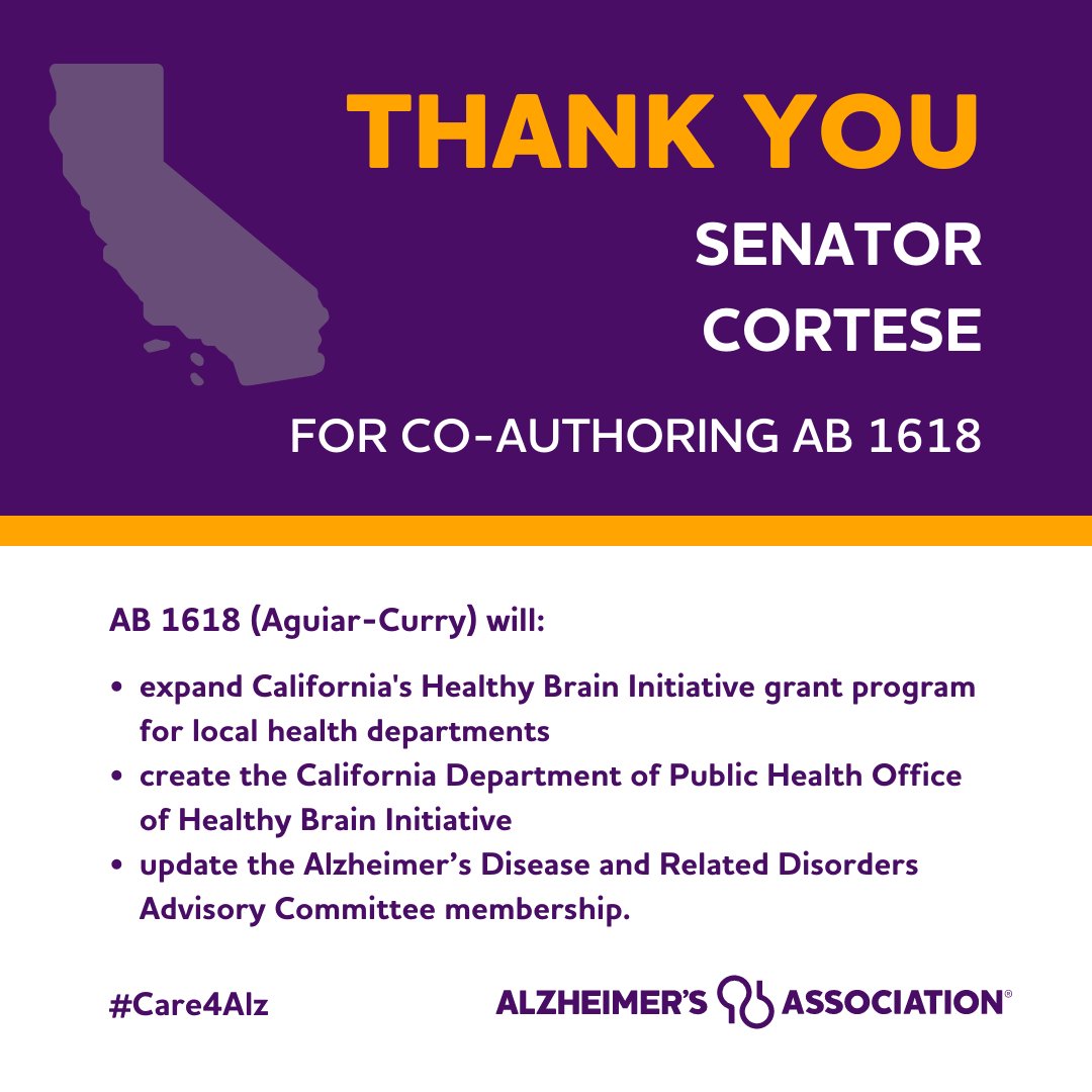 californiaalz's tweet photo. Thank you @DaveCortese for co-authoring #AB1618 (@AsmAguiarCurry). We appreciate your support to ensure that California is serving the needs of the 2.3 million people directly impacted by dementia! #ENDALZ #Care4Alz @AlzNorCalNorNev https://t.co/dpGRiFLvdx