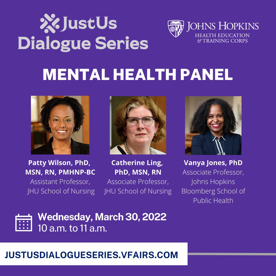 Don't forget to join this Wednesday, for an opportunity to hear from John's Hopkins experts about COVID & Mental Health! Learn more about the virtual event and register here: bit.ly/JustUsRegistra…
@DrPattyRN @CGLingPhDFNP @SafePhD