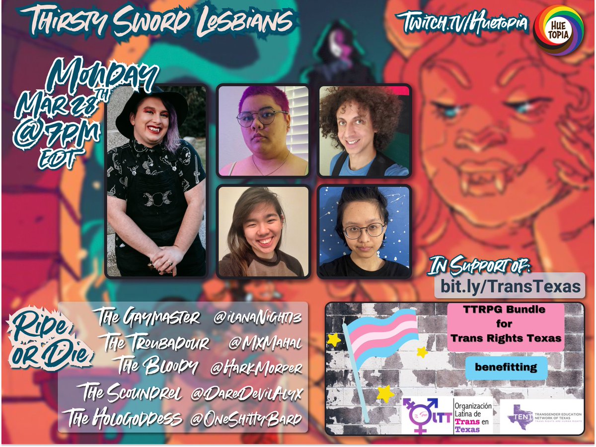 IlanaNight13's tweet image. 7 PM Tonight! Come and join the gang over on @HuetopiaTV as I run our players through a one shot of @EvilHatOfficial &amp;amp; @GaySpaceshipGms "Thirsty Sword Lesbians"! Part of the showcase for bit.ly/TransTexas