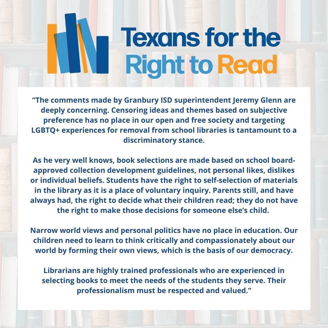 RightToReadTX's tweet photo. Official statement regarding the comments made by Granbury ISD superintendent Jeremy Glenn. #RightToReadTX https://t.co/dsAeqVNwqi