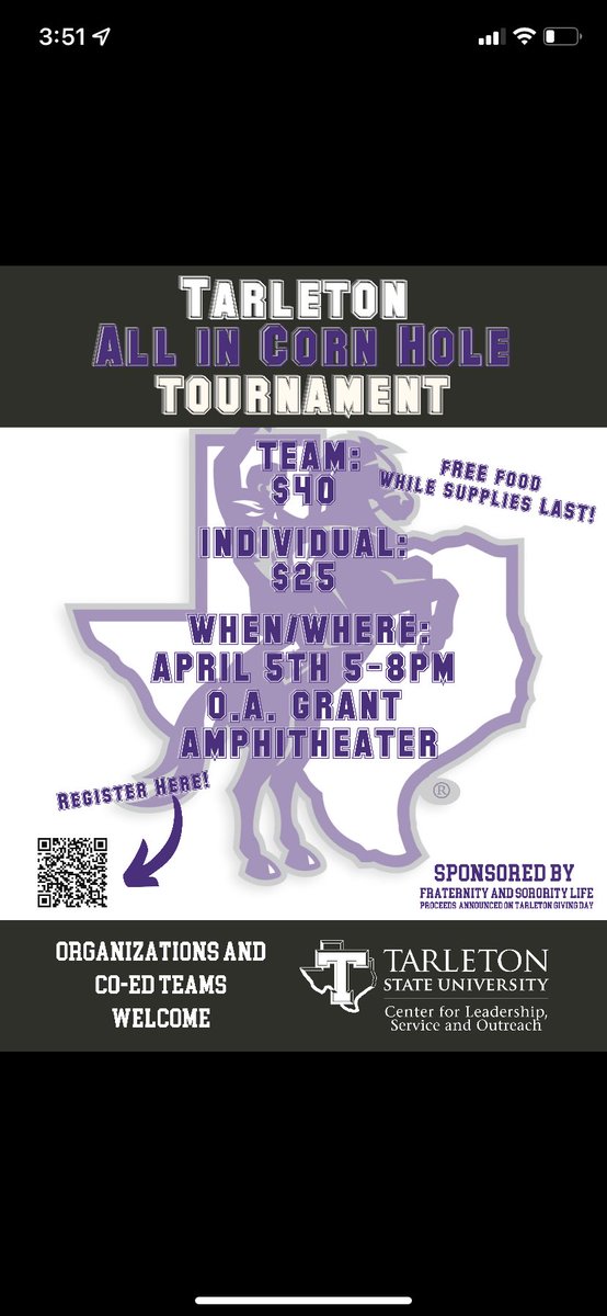 SIGN UP TODAY!!! 
ALL IN corn hole tournament put on by our office on APRIL 5th at 5pm. 
There will be free food, music, and a whole lot of fun! epay.tarleton.edu/C20203_ustores…