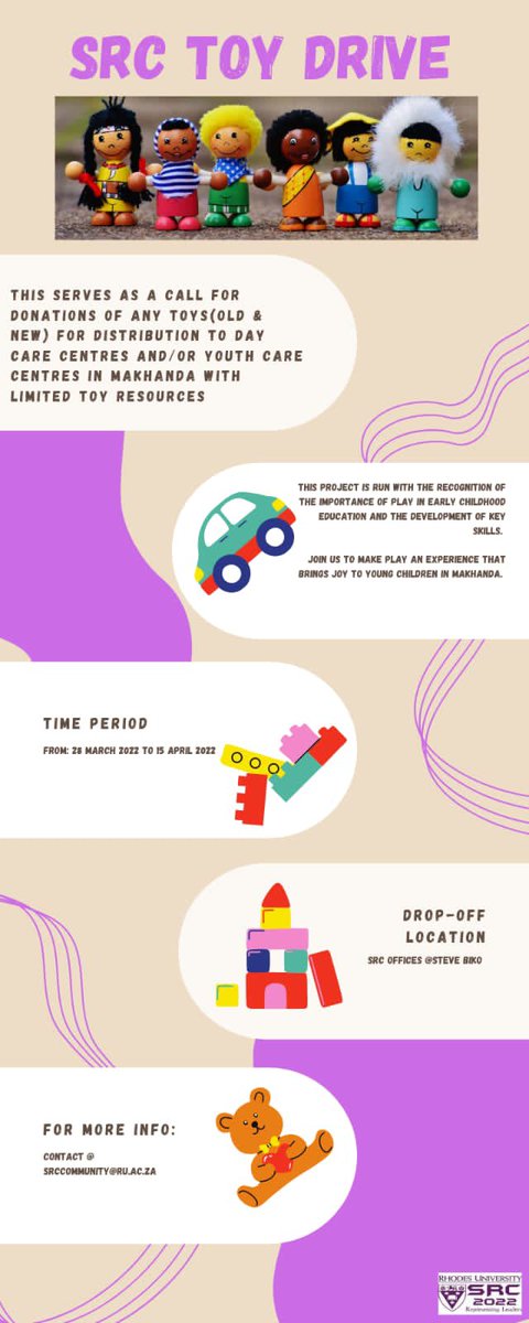 This serves as a call for donations of any toys (Old &amp; New) for distribution to Day Care Centres and/or Youth Care Centres in Makhanda with limited toy resources.

Join us to make play an experience that brings joy to young children in Makhanda.