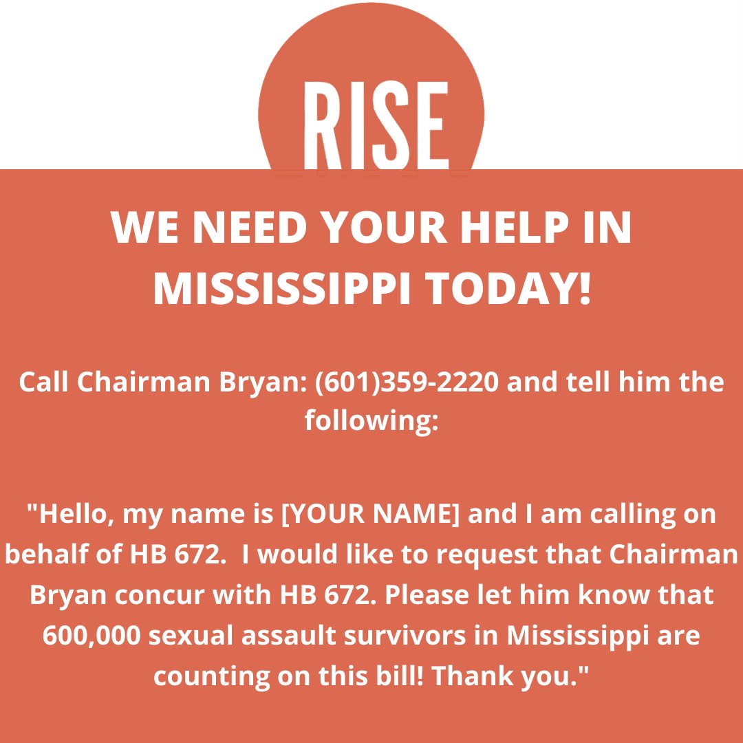 RiseNowUS's tweet photo. Today is the deadline and we are one vote away from survivors getting their rights in Mississippi.

You can help! 

☎️ Call Chairman Bryan and tell him survivors deserve their rights now. https://t.co/M9oLp3FcWc