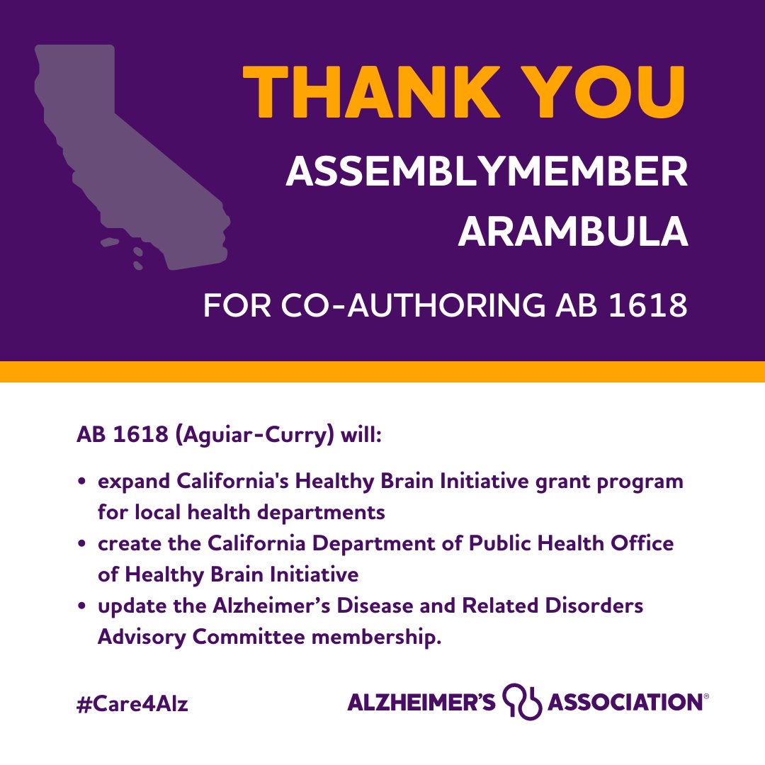 californiaalz's tweet photo. Thank you @drarambulaAD31 for co-authoring #AB1618 (@AsmAguiarCurry). We appreciate your support to ensure that California is serving the needs of the 2.3 million people directly impacted by dementia! #ENDALZ #Care4Alz @AlzNorCalNorNev https://t.co/PEnpMBP1Su