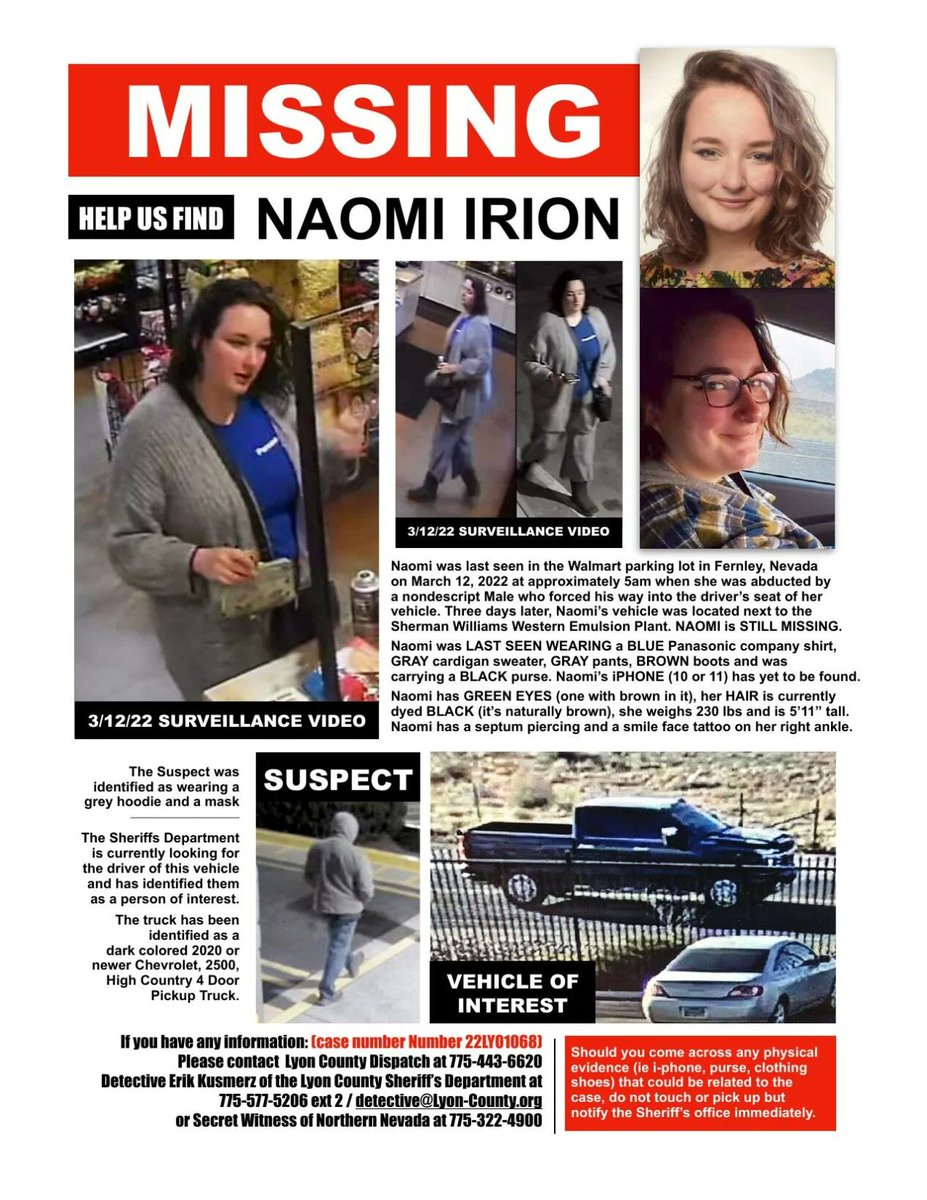 Suspect in custody, but Naomi Irion is still missing.  Please share with friends on the west coast.
<a href="/aware_the/">The AWARE Foundation</a> <a href="/tmtl2/">The Missing and the Lost (she/her)</a> <a href="/MauraMurraydoc/">Missing Maura Murray</a> <a href="/Missing_Pod/">Missing Persons Podcast</a>
