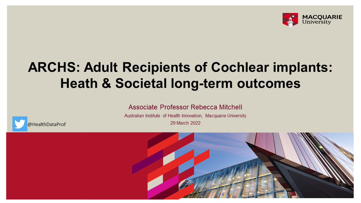 Looking forward to speaking at HINT today on our research to examine health &amp; societal outcomes after Cochlear implant. New PhD scholarship available to analyse hearing health data with us - bit.ly/3IEyuS0 @RLystad @IsaBoisv <a href="/anne_mcmaugh/">Anne McMaugh</a> <a href="/AustHearingHub/">Aust Hearing Hub </a> <a href="/AIHI_MQ/">Australian Institute of Health Innovation</a>