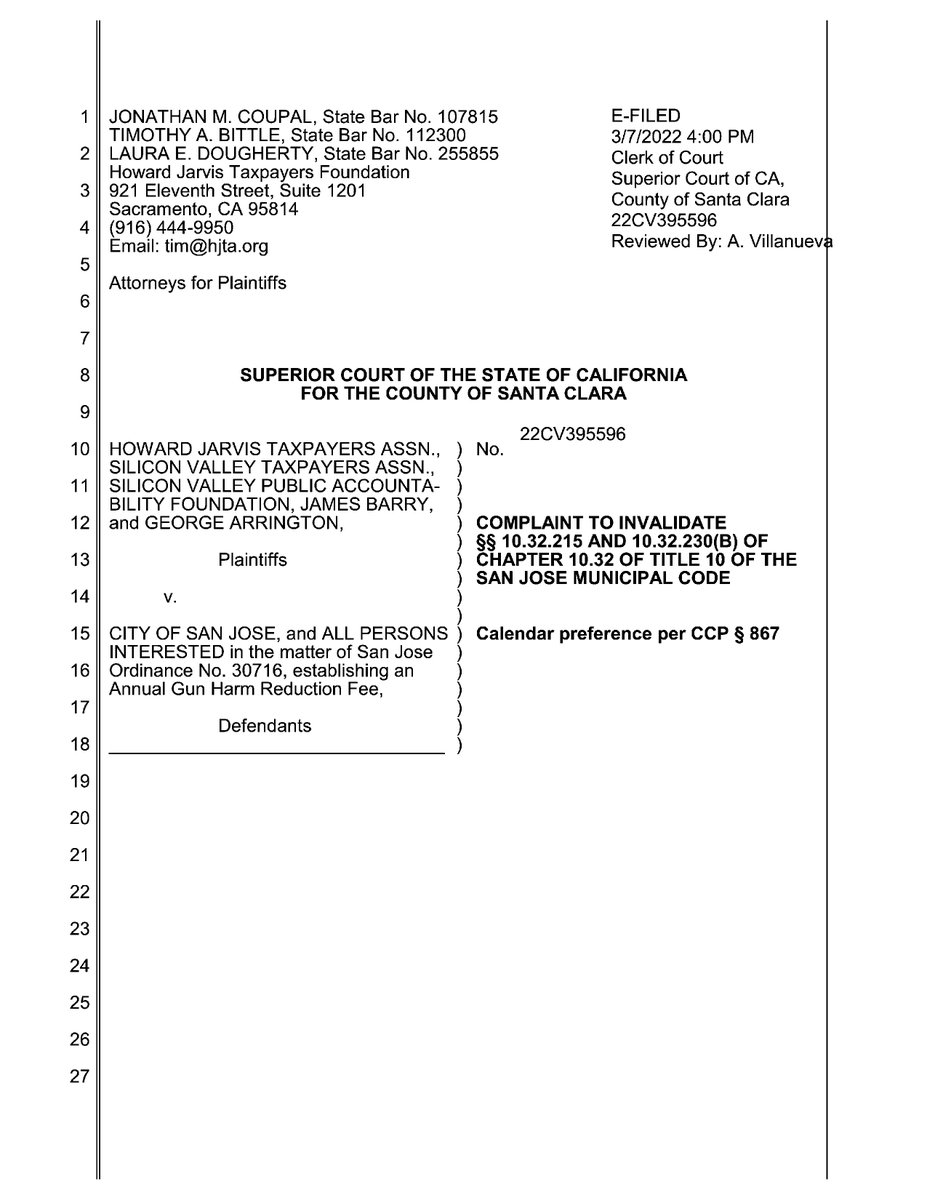 2Aupdates's tweet photo. NEW: HJTA v. San Jose (CA state court): Multiple taxpayers' associations sue San Jose over the city's gun insurance ordinance, saying that the "Annual Gun Harm Reduction Fee" is actually a tax. https://t.co/rggs5patz5 https://t.co/NzhseNwBfC