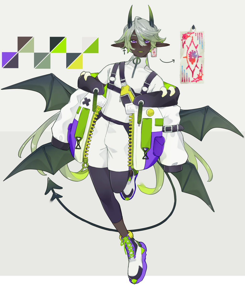 As promised for reaching 100 followers! no longer just my bust! ♪(┌・。・)┌ here's my full design 💚 
Original Design/art by <a href="/bestsenpie/">meowrin</a> with edits by me

Earring design/art by @tinikuns !!

#ENvtuber #Vtuber #VtuberUprising