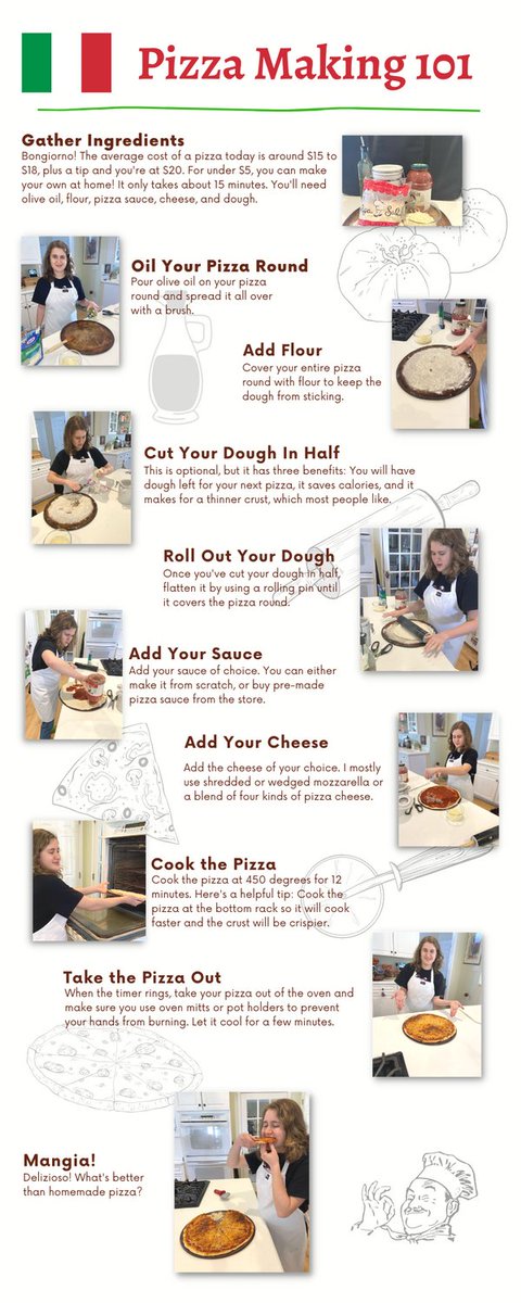 AlannaStoloff's tweet photo. In my social media design class, my assignment was to create an infographic. I've been making pizza for several years so I decided to share how I do it. You can check it out here. #pizzamaking101 #howtomakepizza #homemadepizza #su2412 https://t.co/DzWmLk8usy